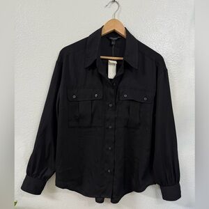 NWT BANANA REPUBLIC Double Pocket Satin Shirt Women's Size Medium  Black